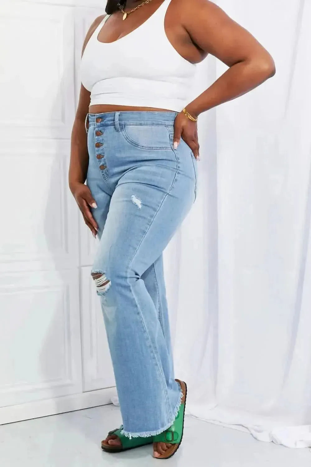 Vibrant MIU Full Size Jess Button Flare Jeans - Bad Moms Club