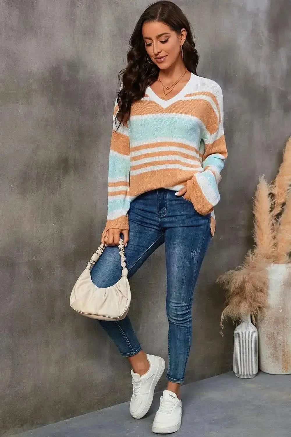 Striped V-Neck Knit Top - Bad Moms Club