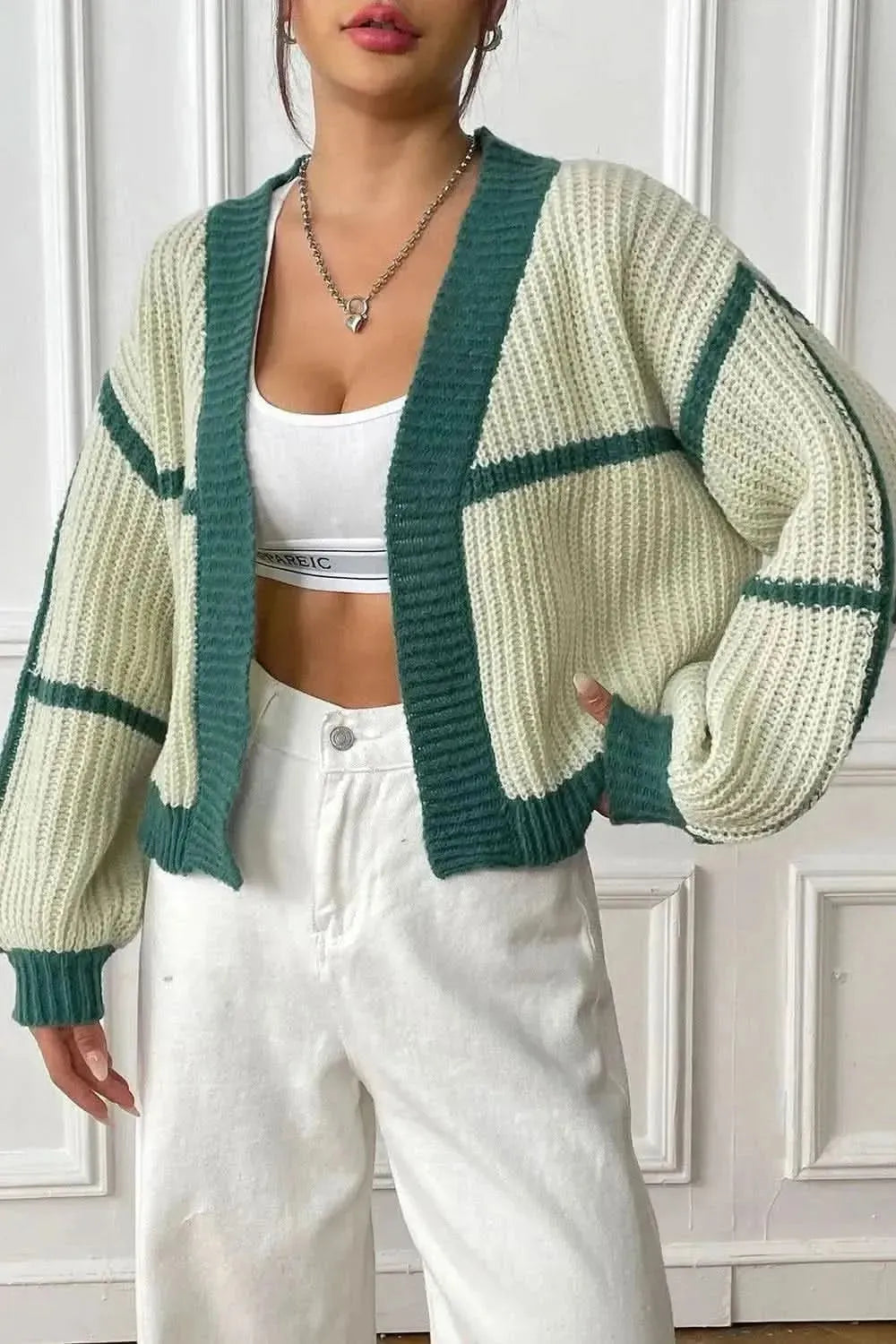 Contrast Open Front Long Sleeve Cardigan - Bad Moms Club