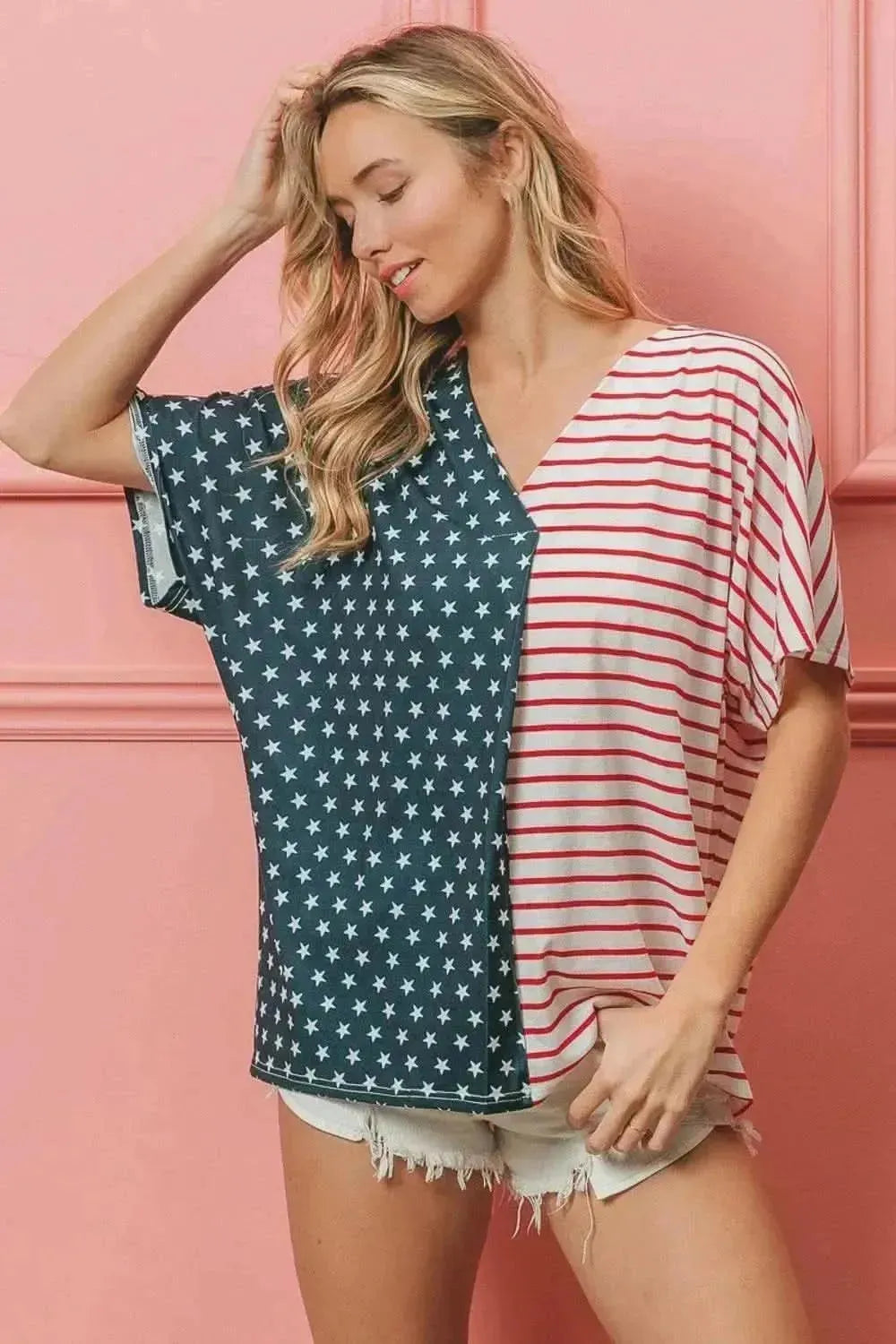 BiBi US Flag Themed Color Block Short Sleeve T-Shirt - Bad Moms Club