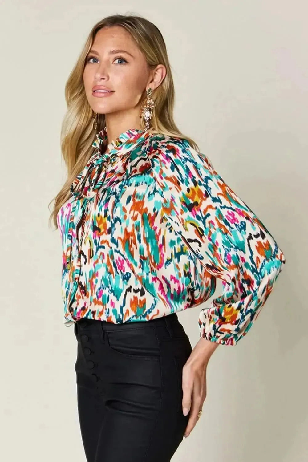 Double Take Full Size Printed Button Up Long Sleeve Shirt - Bad Moms Club
