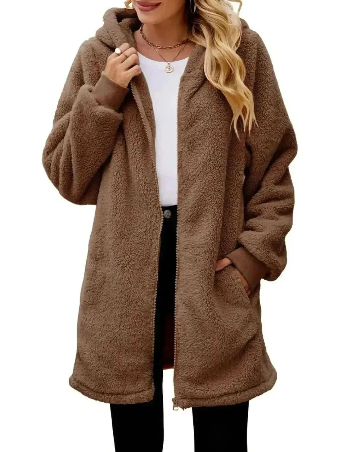 Fuzzy Pocketed Zip Up Long Sleeve Hooded Jacket - Bad Moms Club