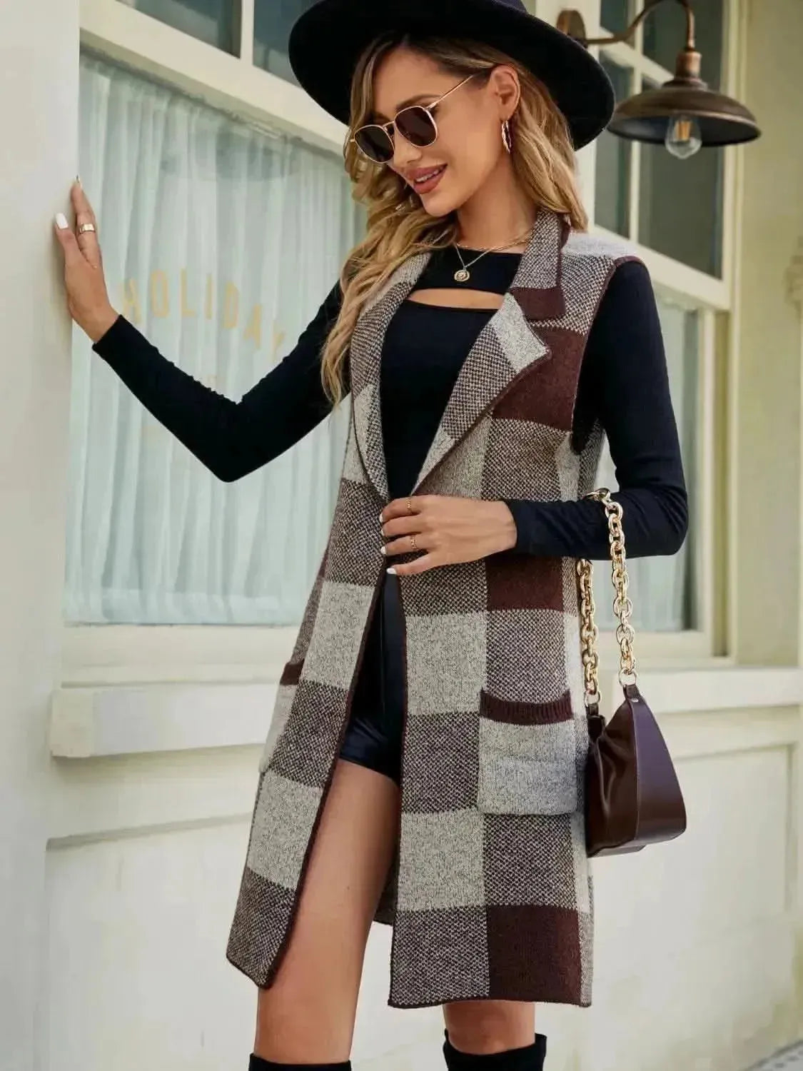 Plaid Lapel Collar Sleeveless Cardigan - Bad Moms Club