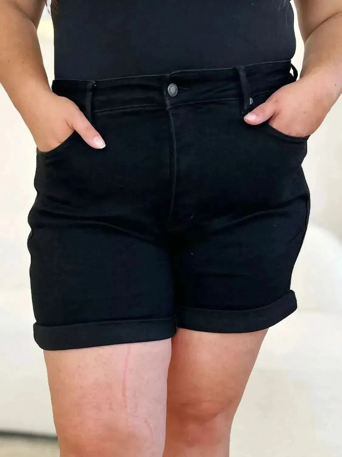 Judy Blue Full Size High Waist Tummy Control Cuffed Denim Shorts - Bad Moms Club
