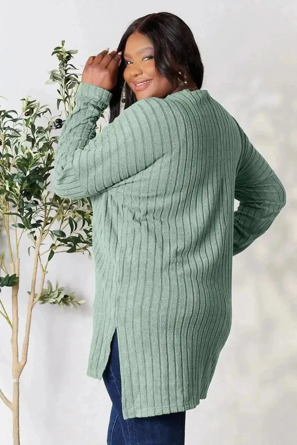 Basic Bae Full Size Ribbed Round Neck Long Sleeve Slit Top - Bad Moms Club