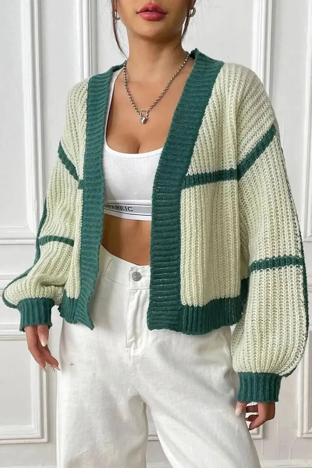 Contrast Open Front Long Sleeve Cardigan - Bad Moms Club