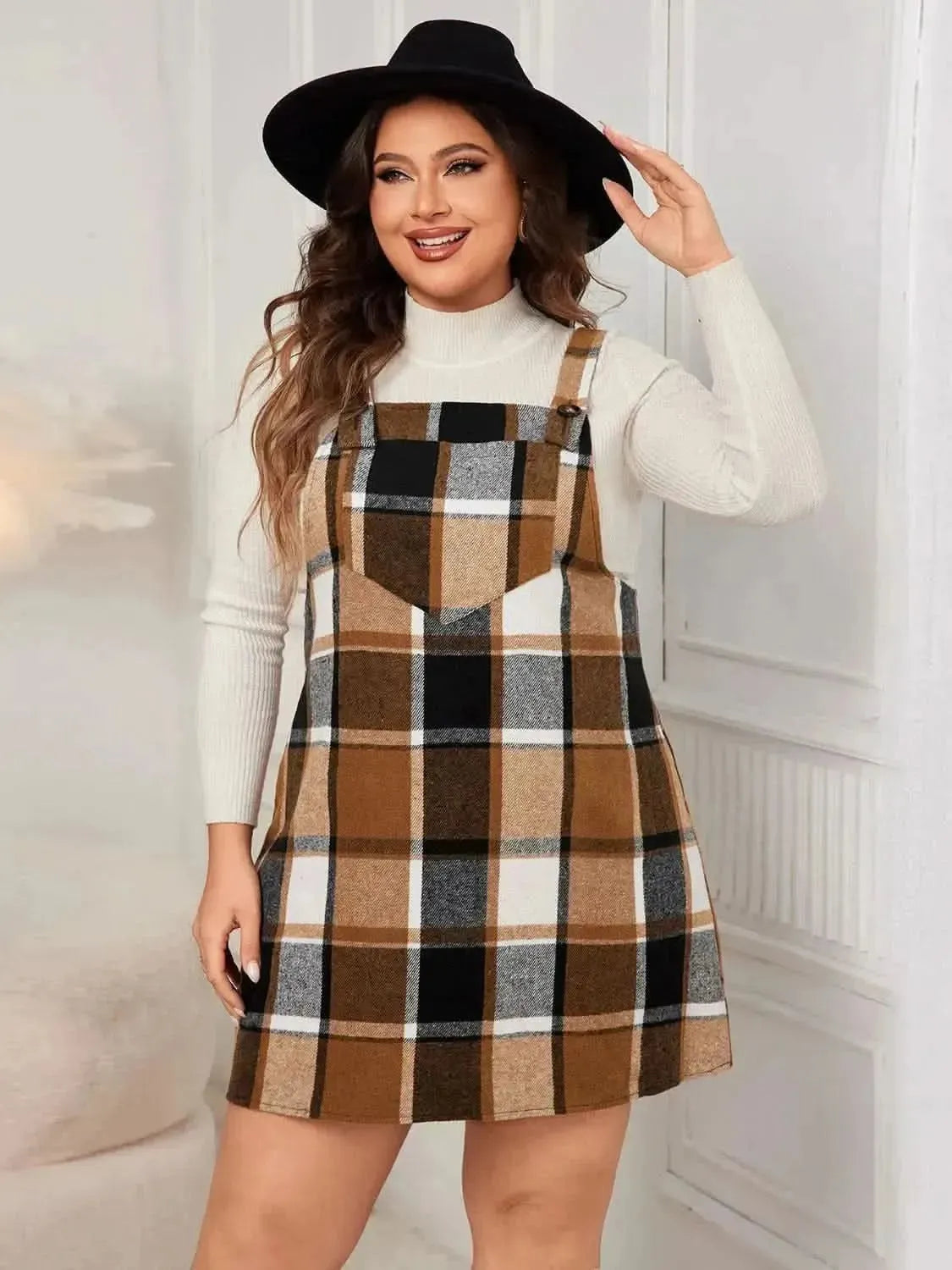 Honey Plus Size Plaid Wide Strap Overall Dress - Bad Moms Club