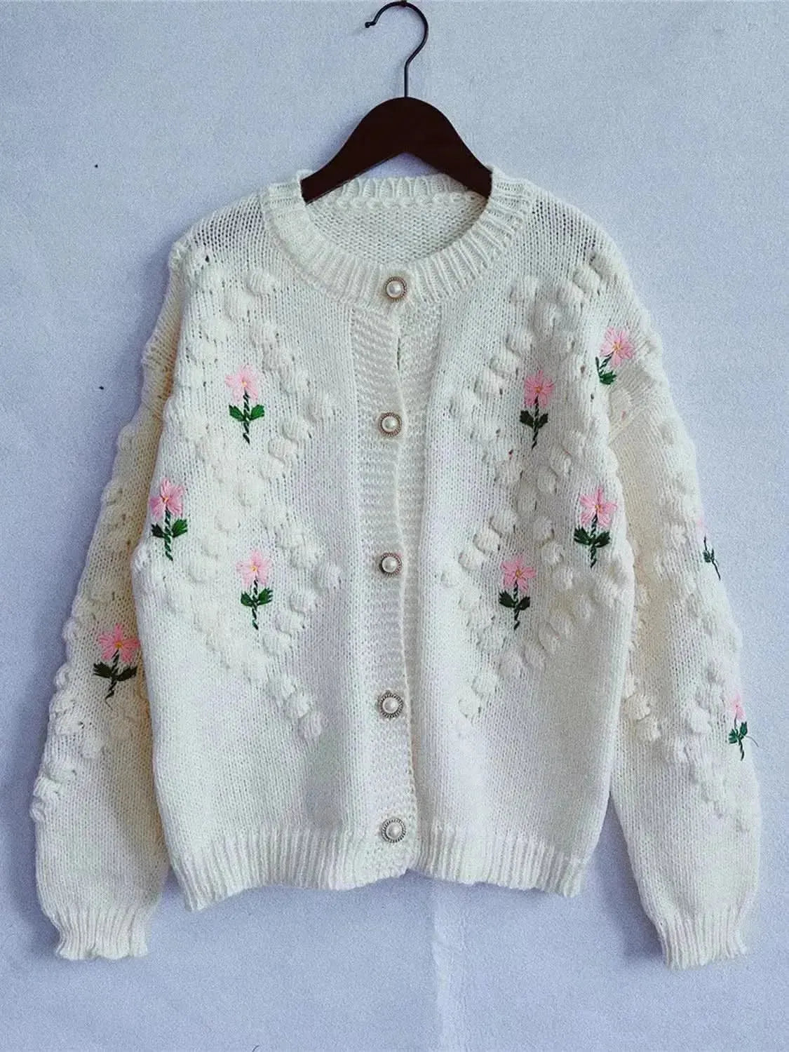 Floral Button Up Round Neck Long Sleeve Cardigan - Bad Moms Club
