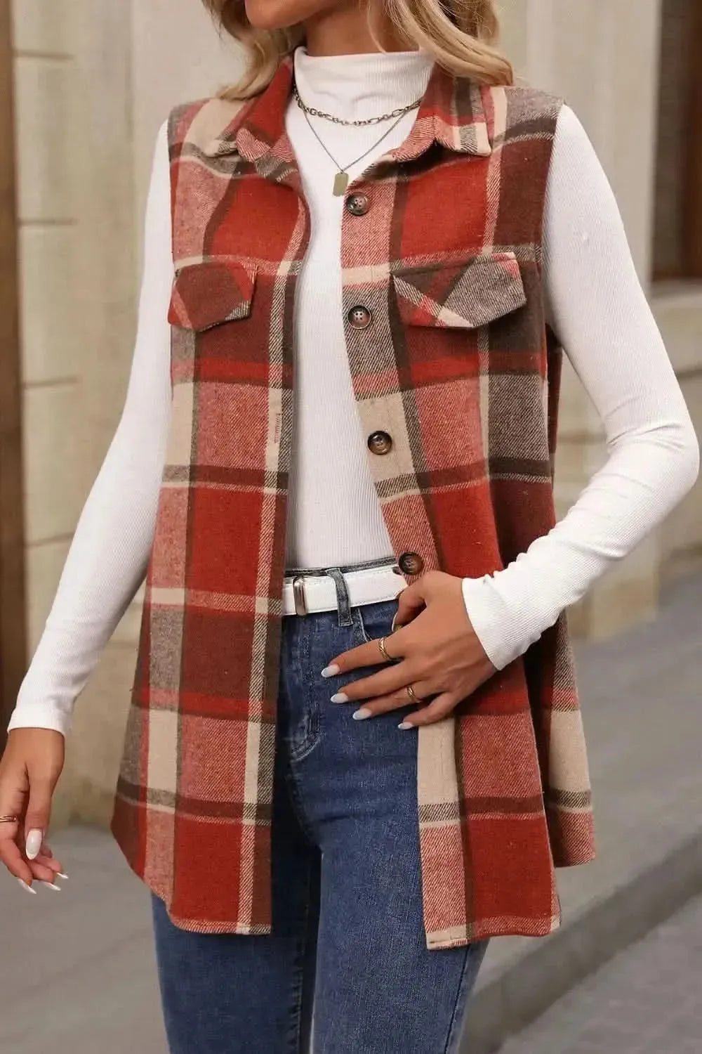 Plaid Button Up Vest Coat - Bad Moms Club