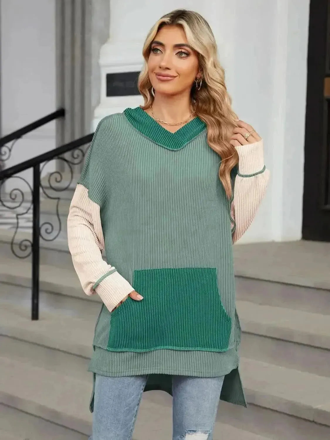 Double Take Contrast Hooded Long Sleeve Top - Bad Moms Club