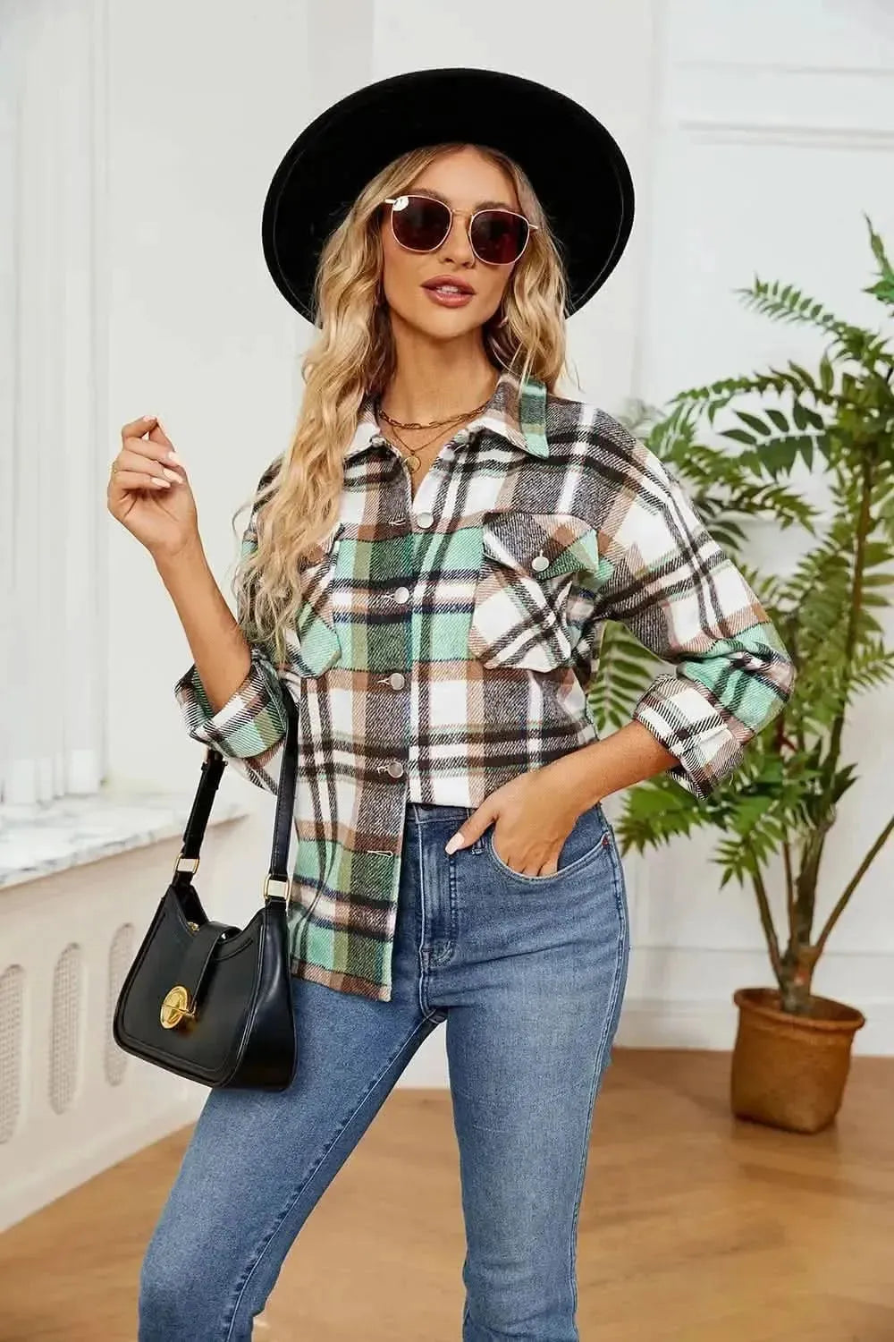 Button Down Collared Plaid Shacket - Bad Moms Club