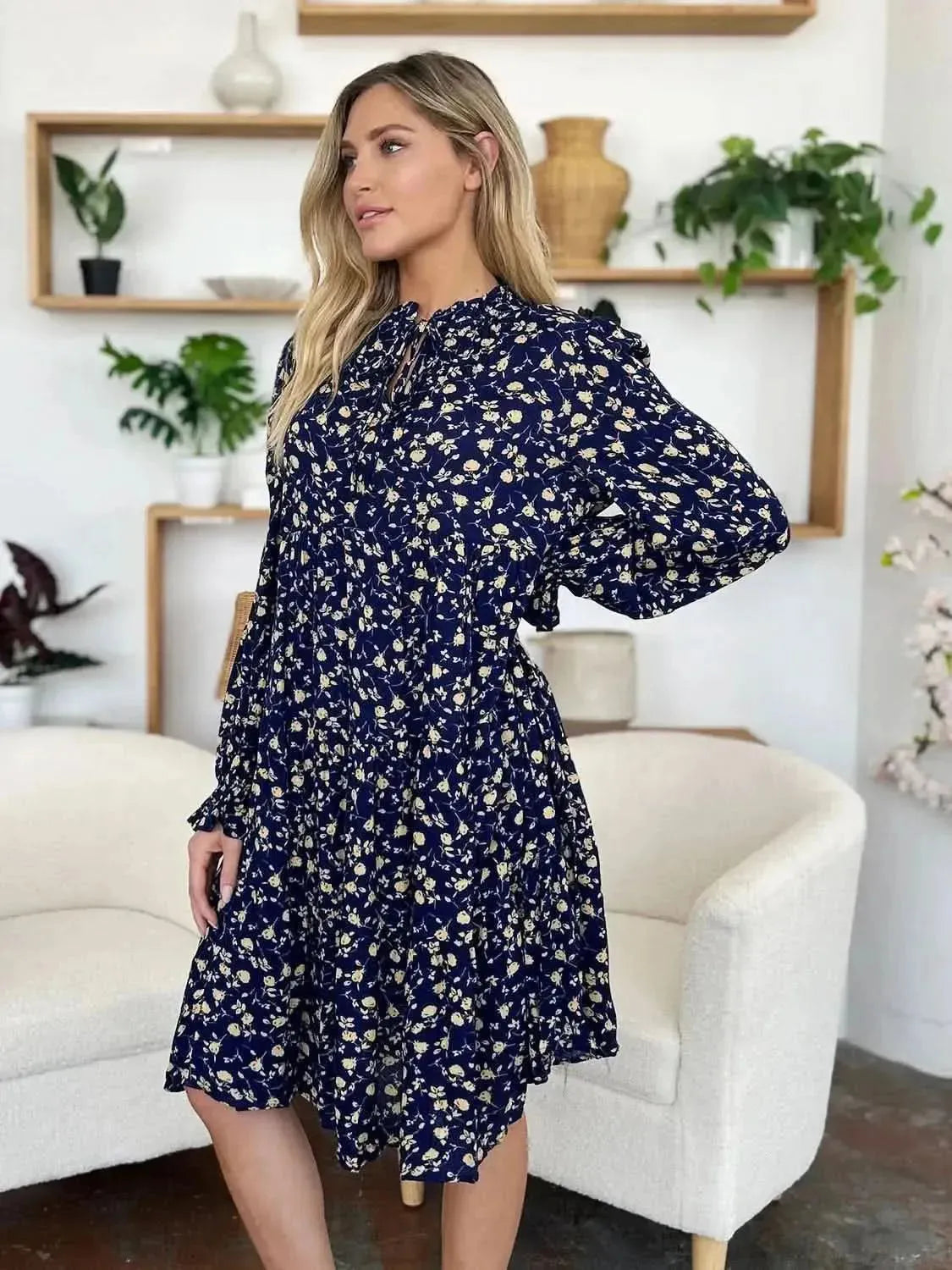 Double Take Full Size Printed Ruffle Hem Long Sleeve Tiered Dress - Bad Moms Club