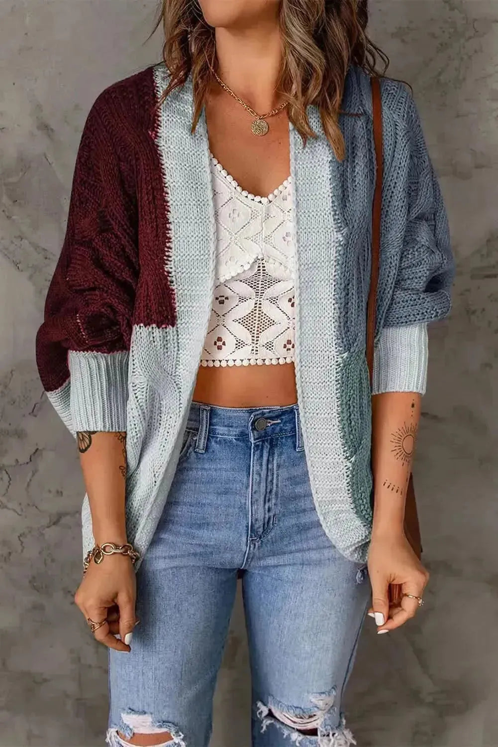 Woven Right Color Block Cable-Knit Batwing Sleeve Cardigan - Bad Moms Club