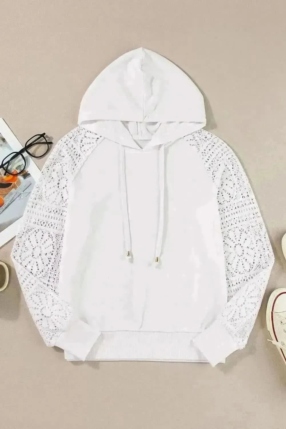Drawstring Openwork Long Sleeve Hoodie - Bad Moms Club