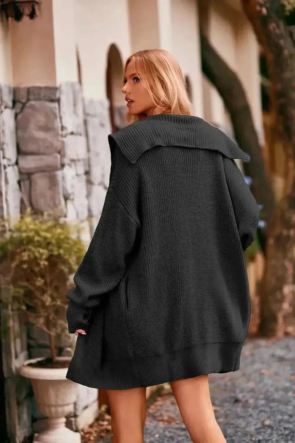 Collared Neck Button-Up Cardigan with Pockets - Bad Moms Club