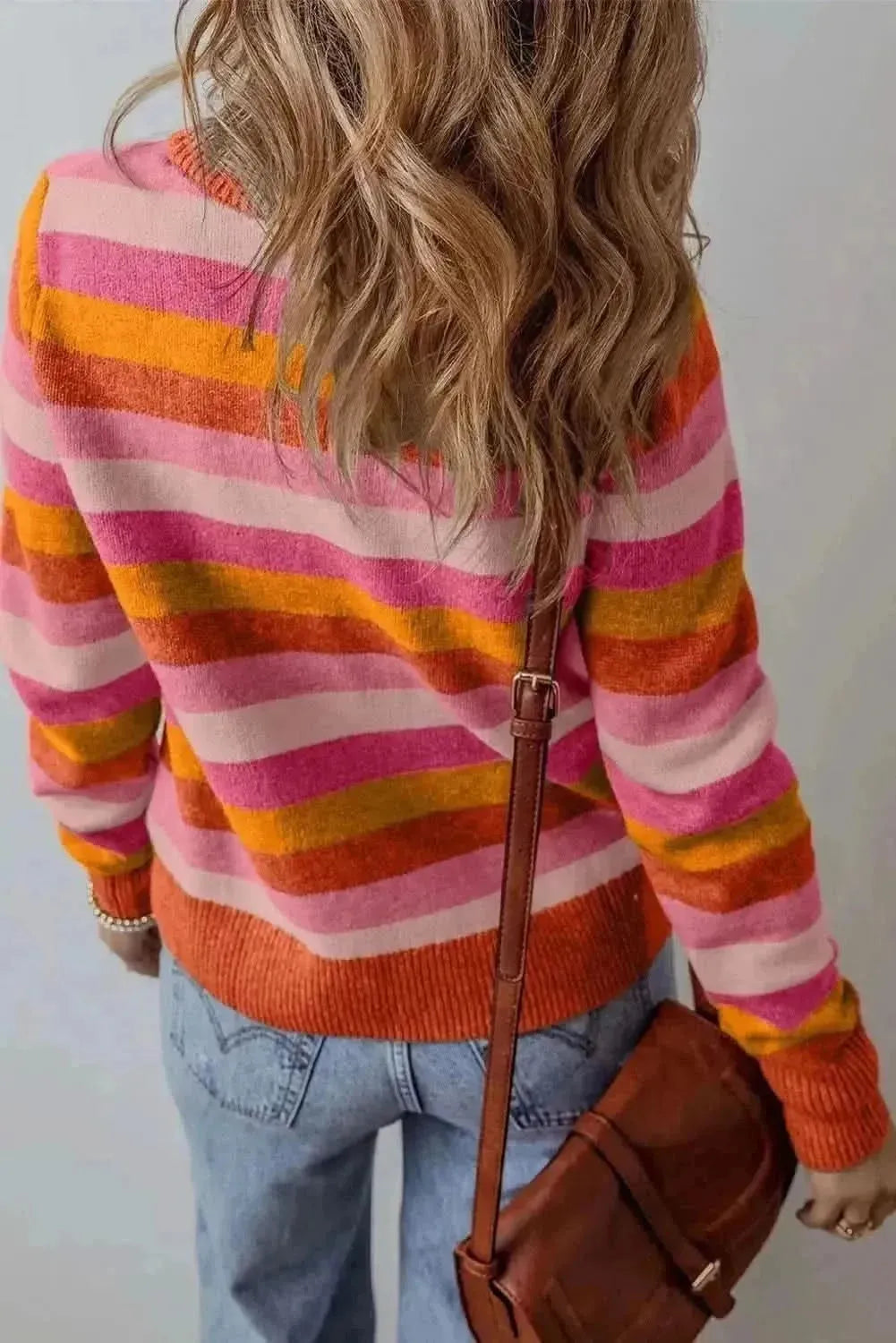 Striped Round Neck Long Sleeve Sweater - Bad Moms Club