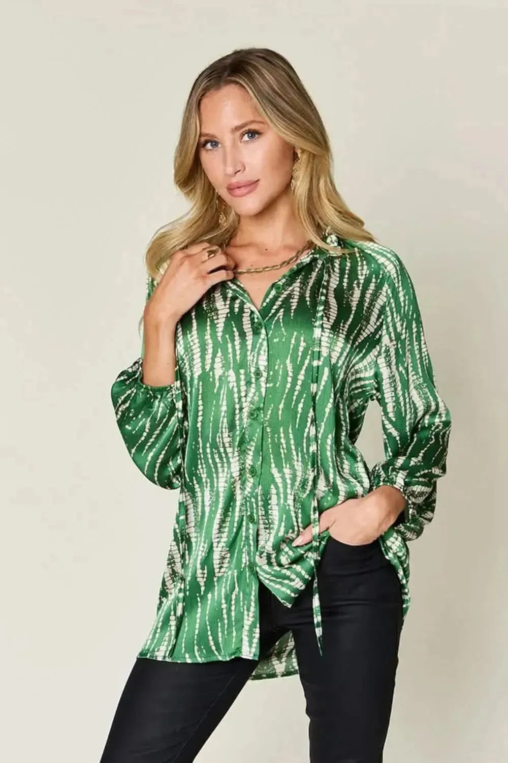 Double Take Full Size Printed Button Up Long Sleeve Shirt - Bad Moms Club