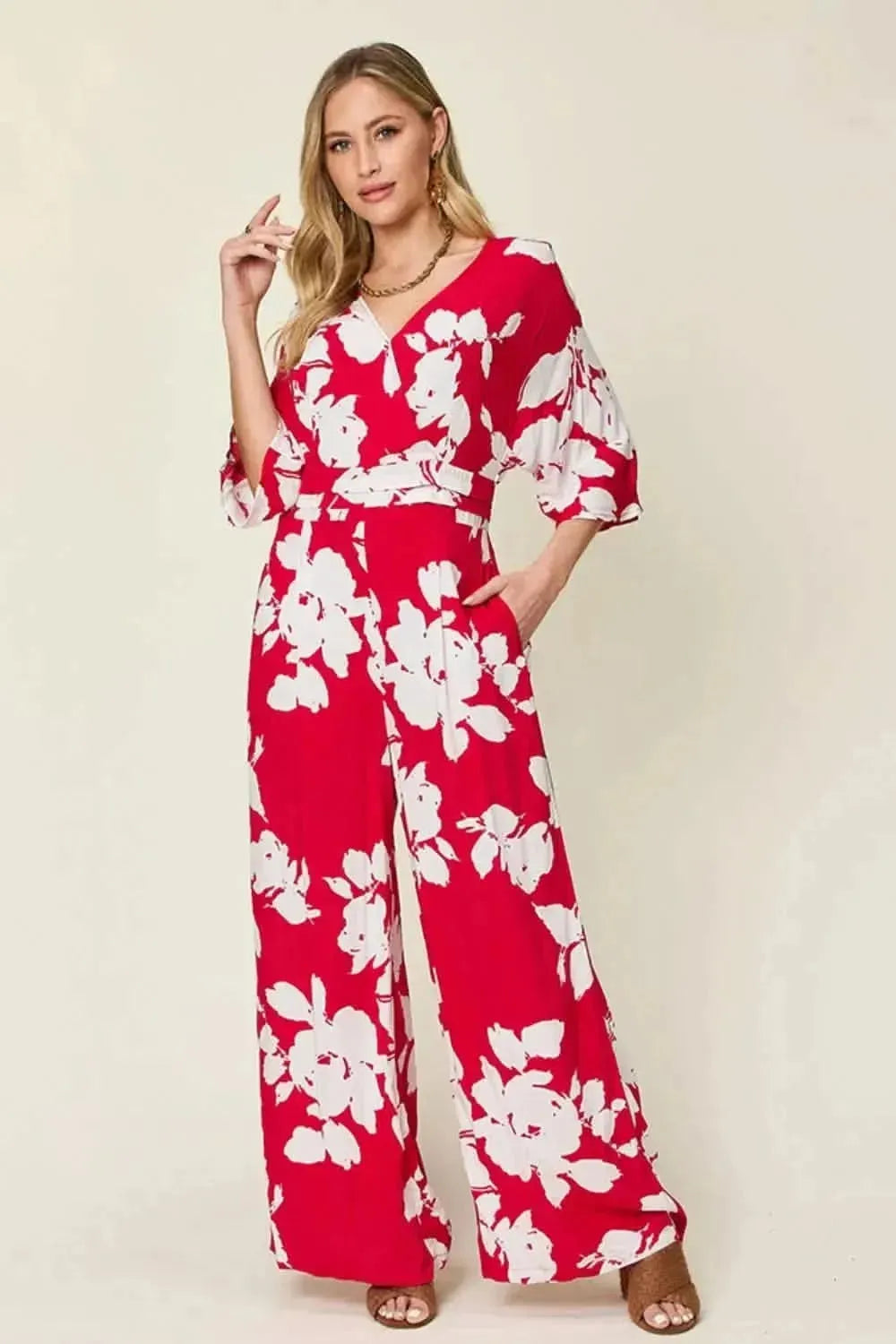 Double Take Full Size Printed Tie Back Wide Leg Jumpsuit - Bad Moms Club