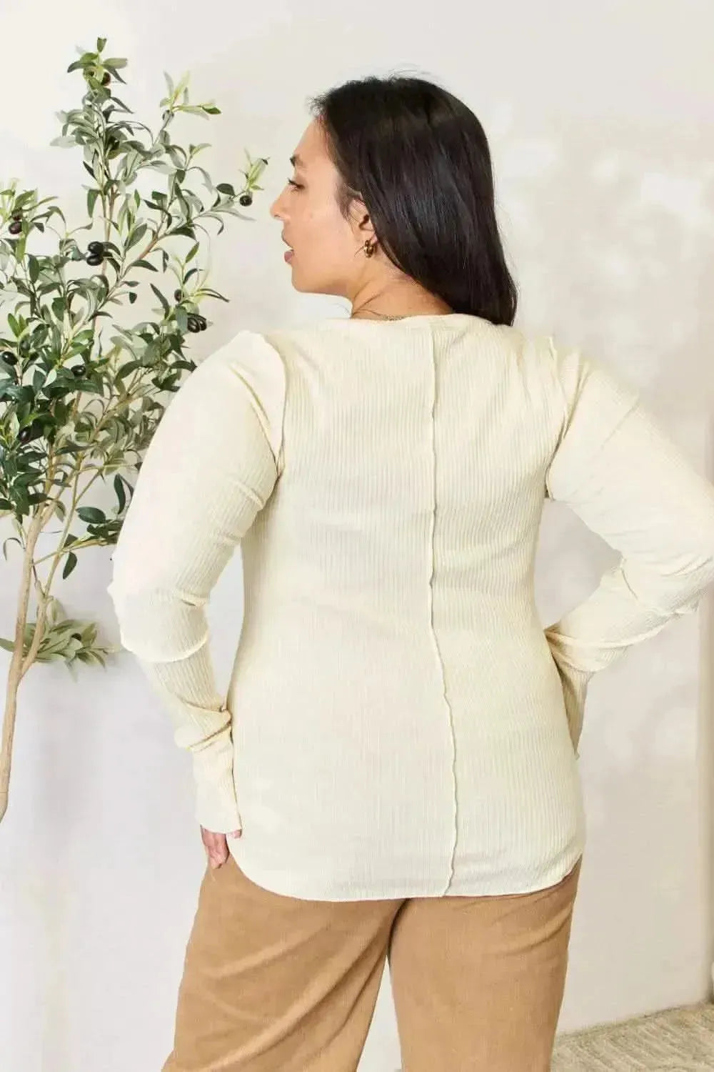 Culture Code Full Size Ribbed Round Neck Long Sleeve Top - Bad Moms Club
