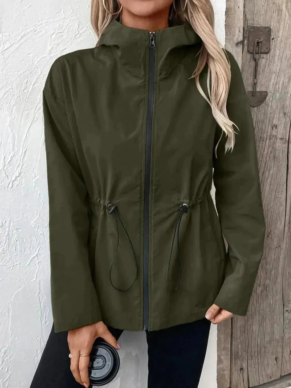 Drawstring Zip Up Hooded Jacket - Bad Moms Club