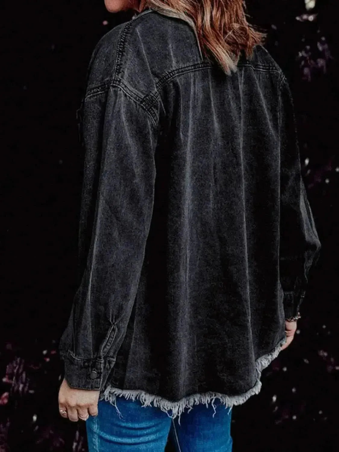 MeiMei Frayed Hem Collared Denim Jacket - Bad Moms Club