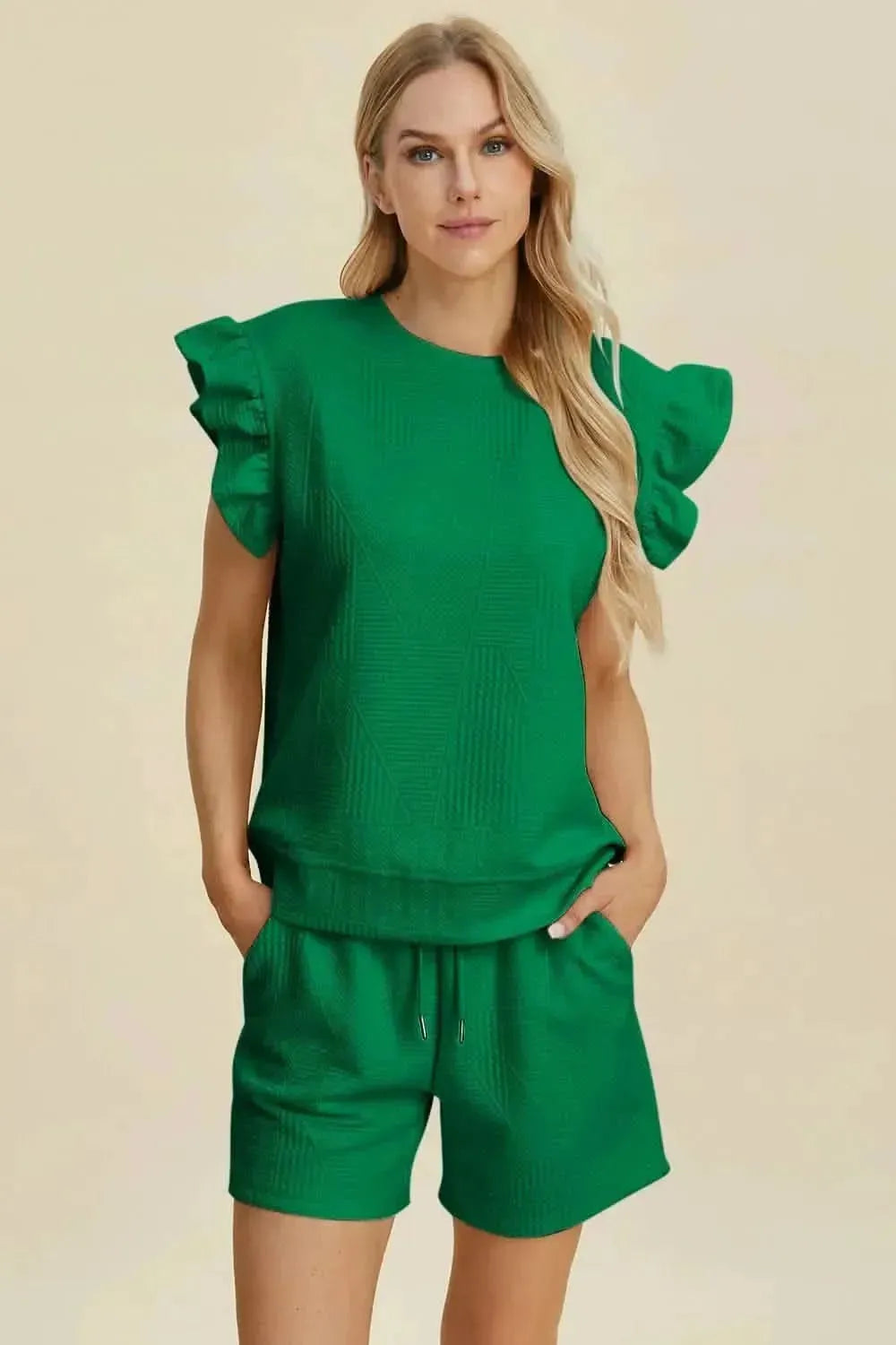 Double Take Full Size Texture Round Neck Ruffle Sleeve Top and Shorts Set - Bad Moms Club