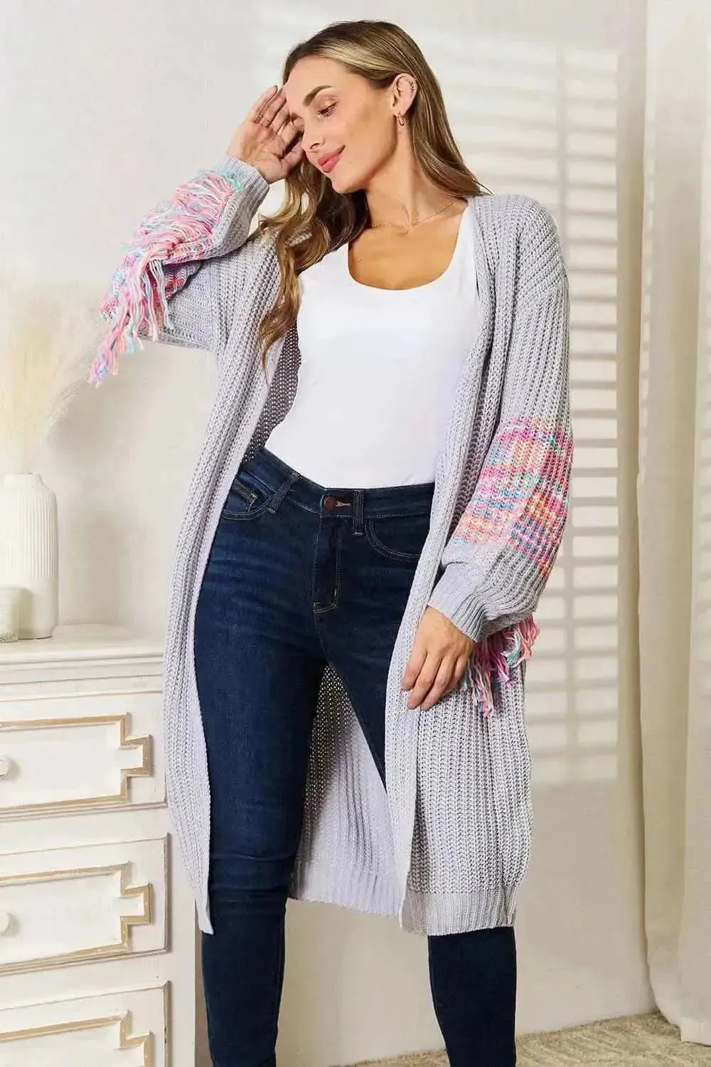 Woven Right Fringe Sleeve Dropped Shoulder Cardigan - Bad Moms Club