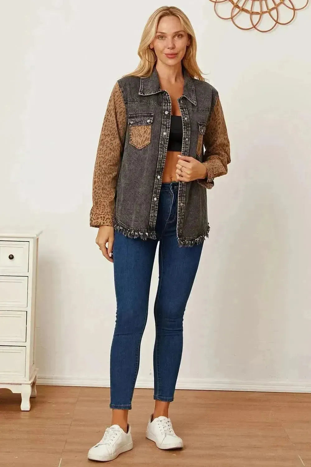 MeiMei Leopard Raw Hem Pocketed Denim Jacket - Bad Moms Club