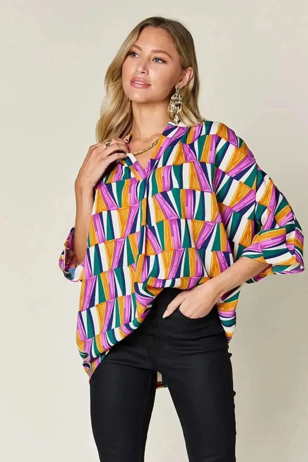 Double Take Full Size Geometric Notched Dolman Sleeve Top - Bad Moms Club