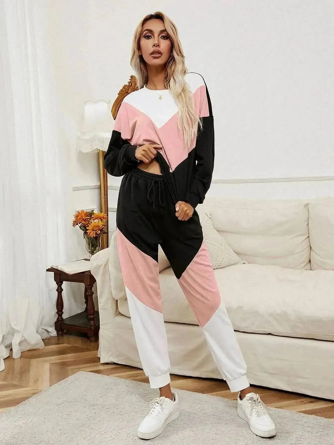 Ivy Lane Chevron Color Block Sweatshirt and Joggers Set - Bad Moms Club