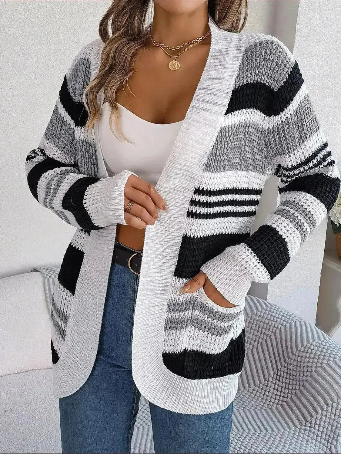 Striped Open Front Long Sleeve Cardigan - Bad Moms Club