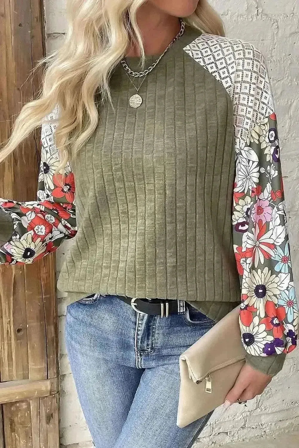 Printed Round Neck Long Sleeve Top - Bad Moms Club