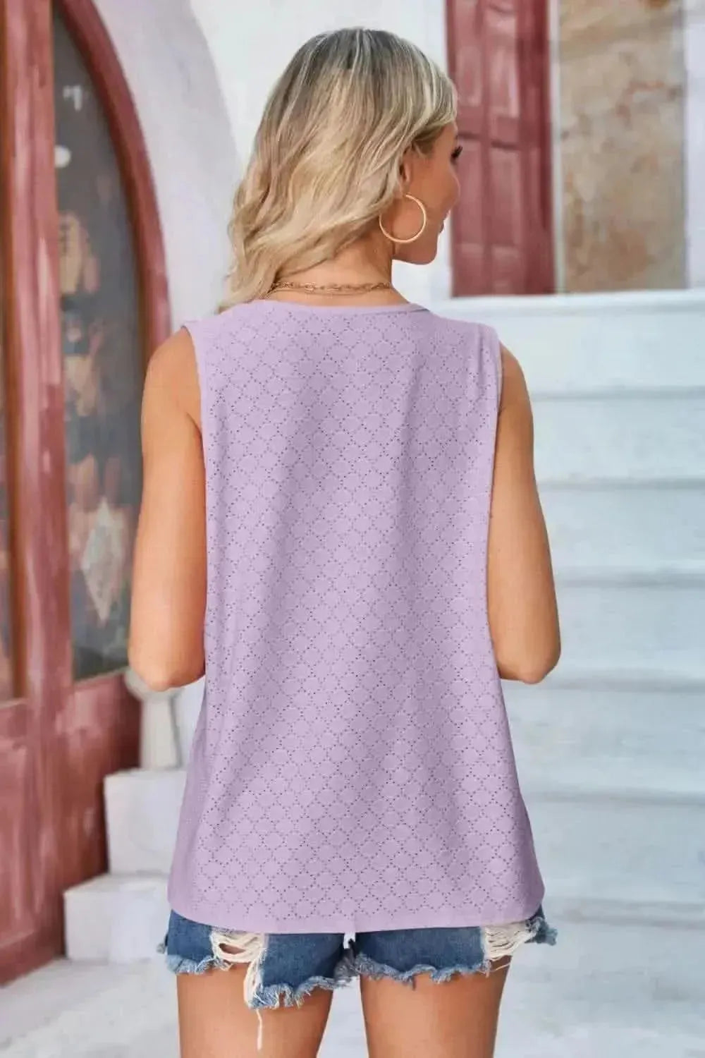 Eyelet Open Front Sleeveless Cardigan - Bad Moms Club