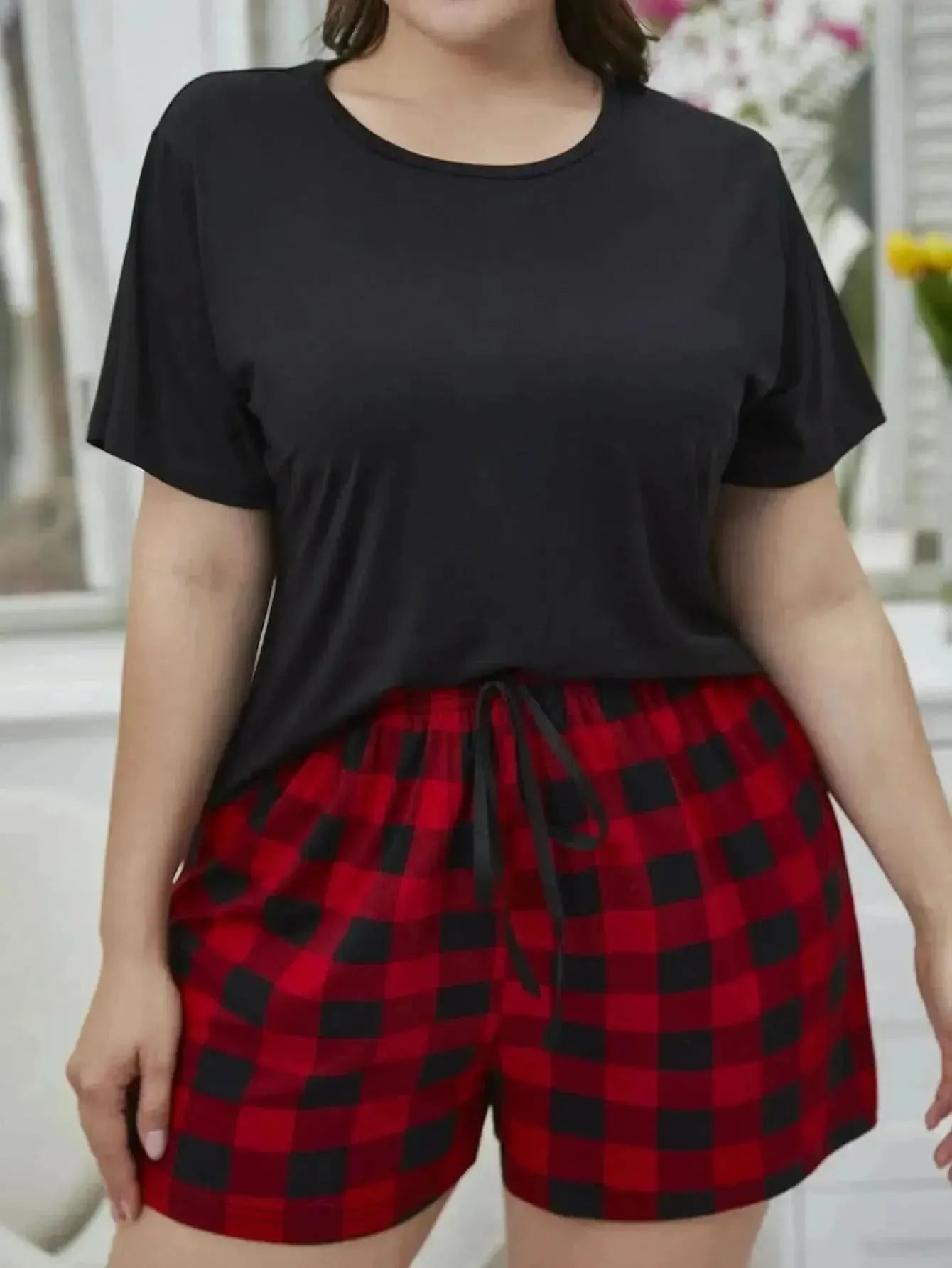 Plus Size Round Neck Tee Shirt and Plaid Shorts Lounge Set - Bad Moms Club