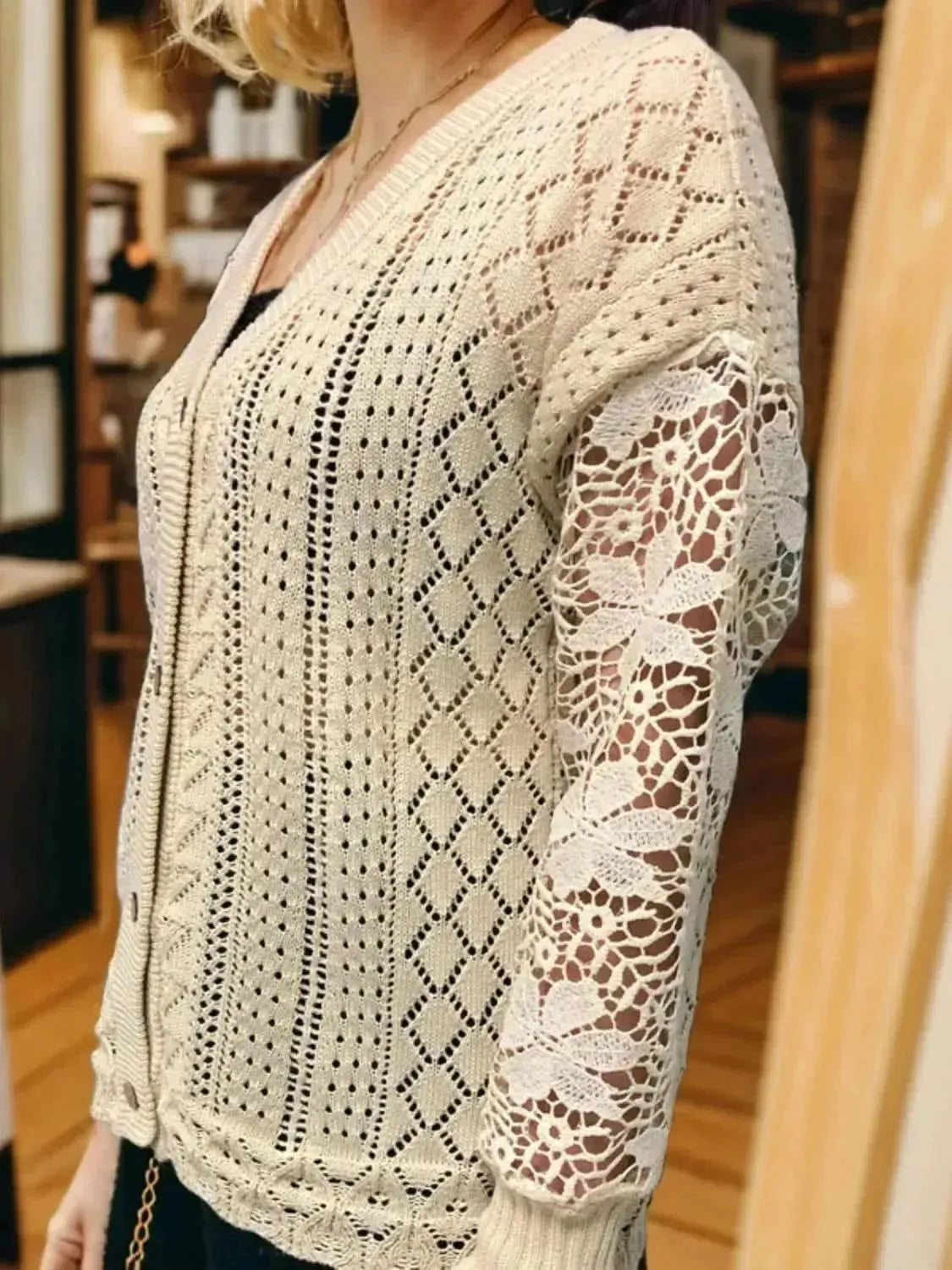 Eyelet Button Up Lantern Sleeve Cardigan - Bad Moms Club