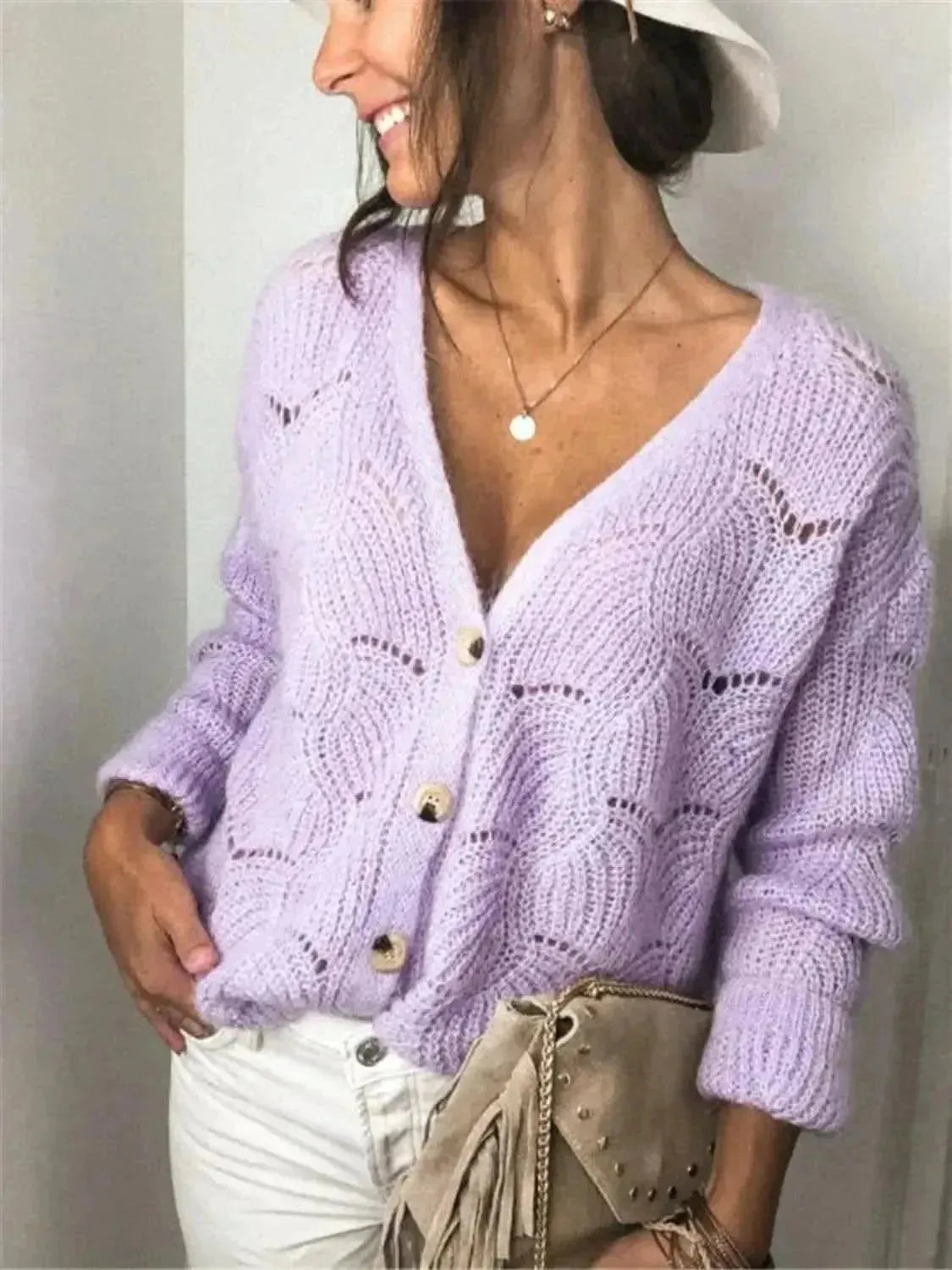 Openwork Button Up Long Sleeve Cardigan - Bad Moms Club