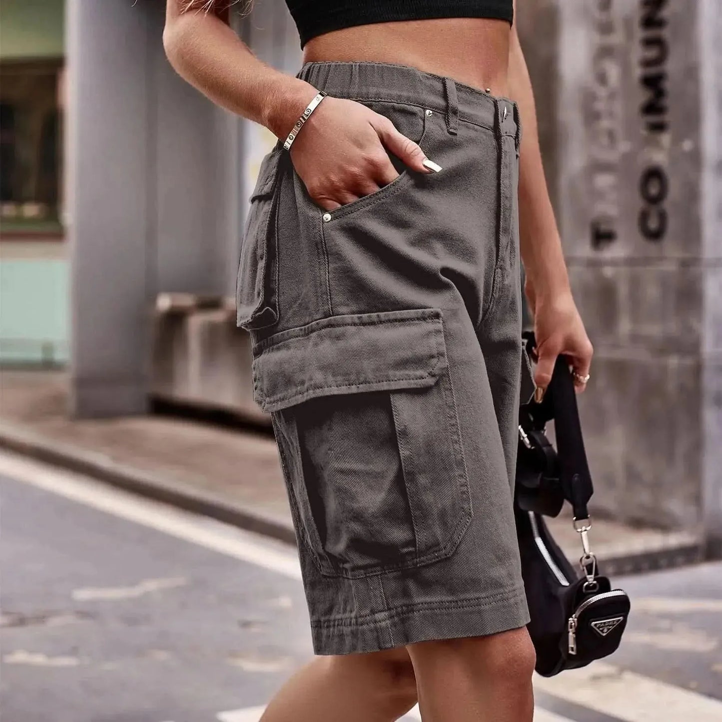 Denim Cargo Shorts with Pockets - Bad Moms Club