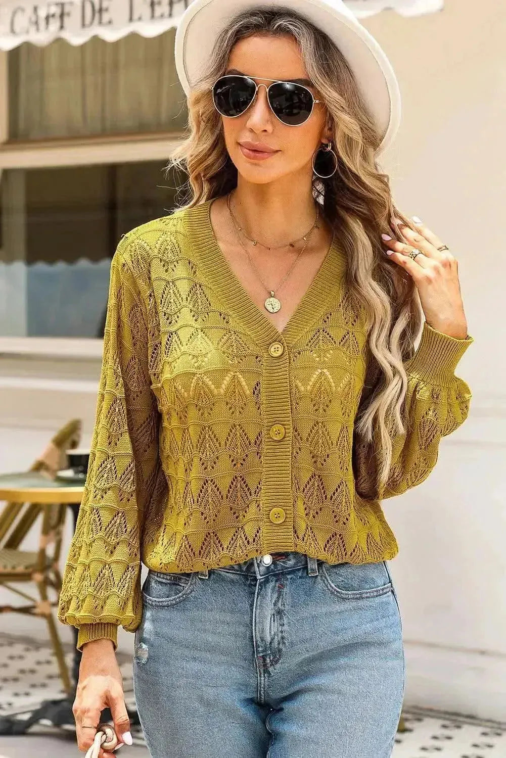 Openwork V-Neck Cardigan - Bad Moms Club