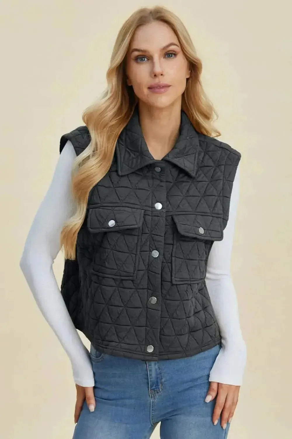 Double Take Full Size Pocketed Texture Snap Down Vest Coat - Bad Moms Club