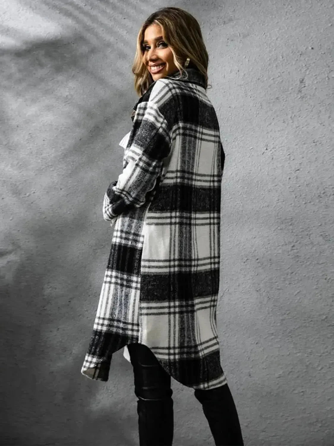 Plaid Collared Neck Long Sleeve Coat - Bad Moms Club