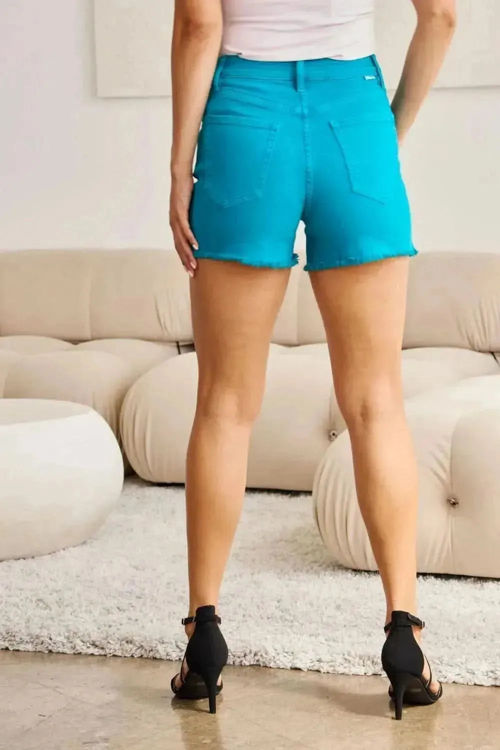 RFM Tummy Control High Waist Raw Hem Denim Shorts - Bad Moms Club
