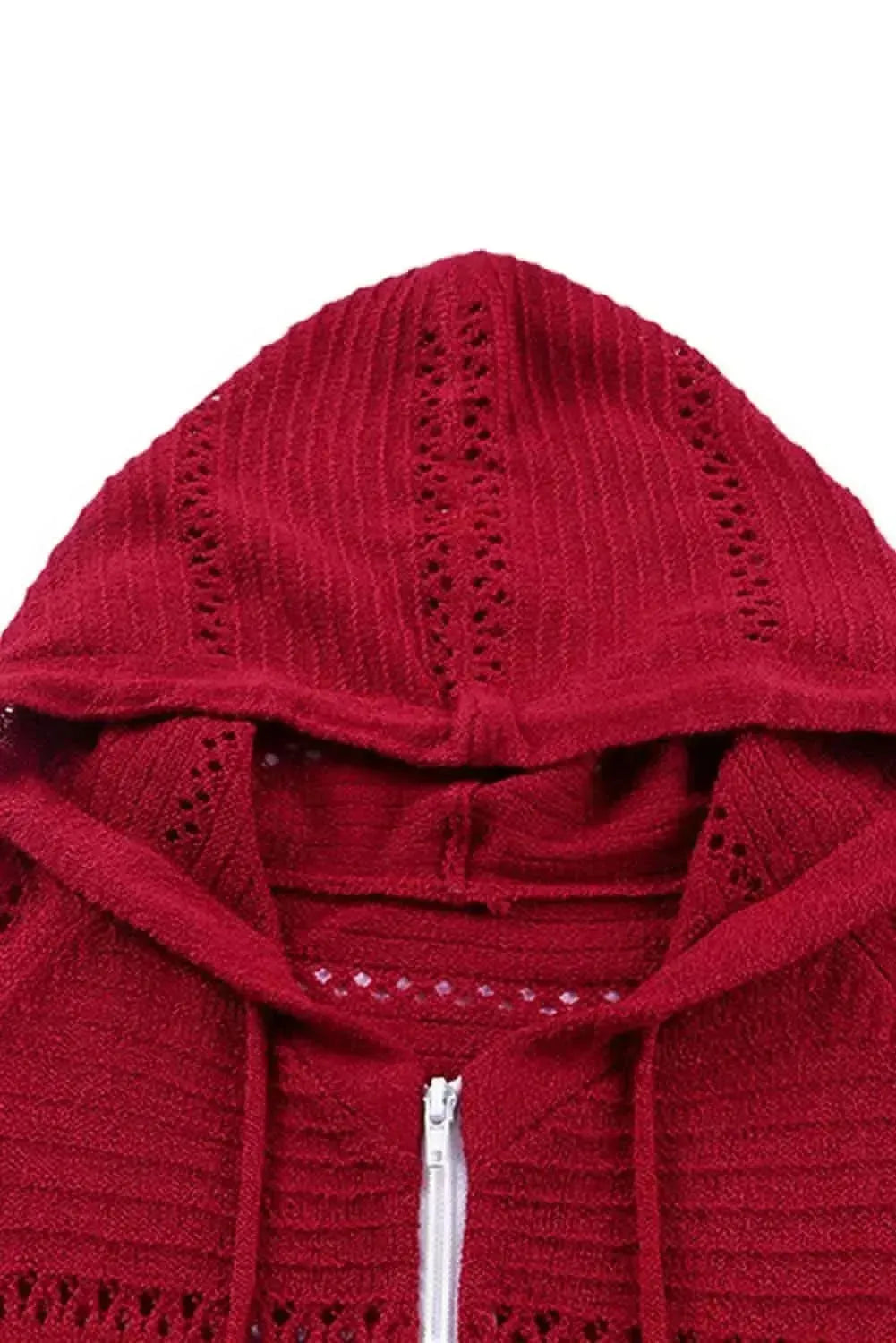 Zip-Up Raglan Sleeve Openwork Hooded Cardigan - Bad Moms Club