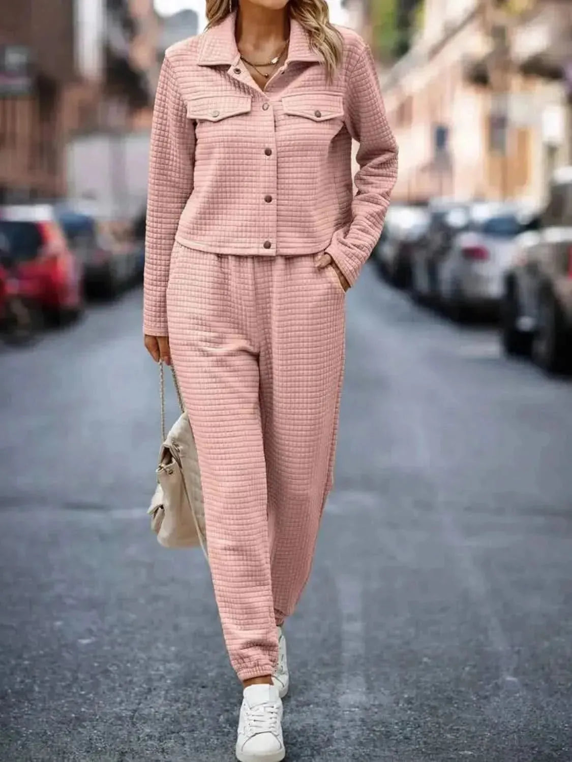 Plaid Texture Snap Down Top and Pants Set - Bad Moms Club