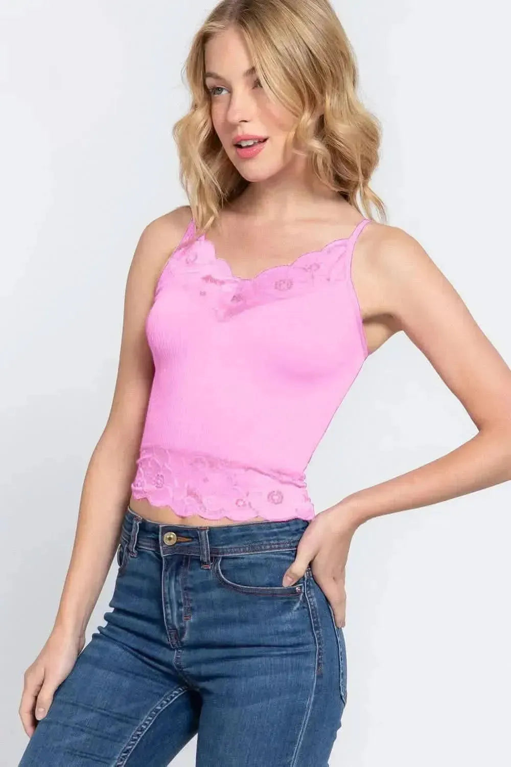 ACTIVE BASIC V-Neck Lace Detail Ribbed Seamless Cami - Bad Moms Club
