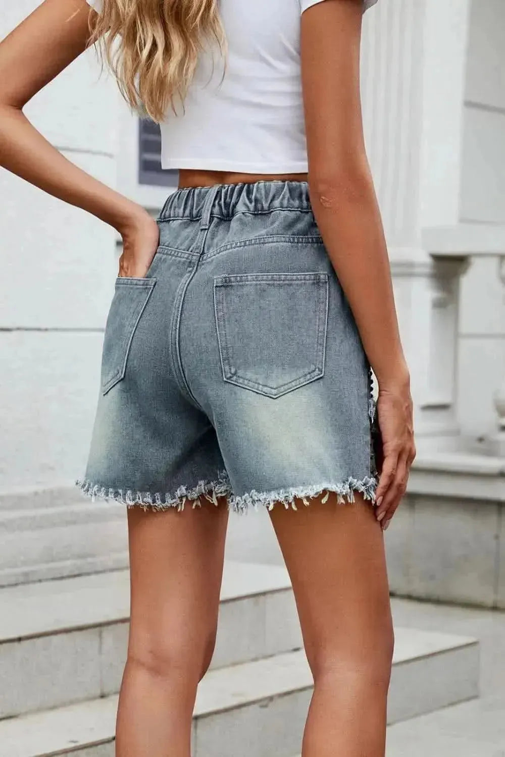 Raw Hem Studded Denim Shorts - Bad Moms Club