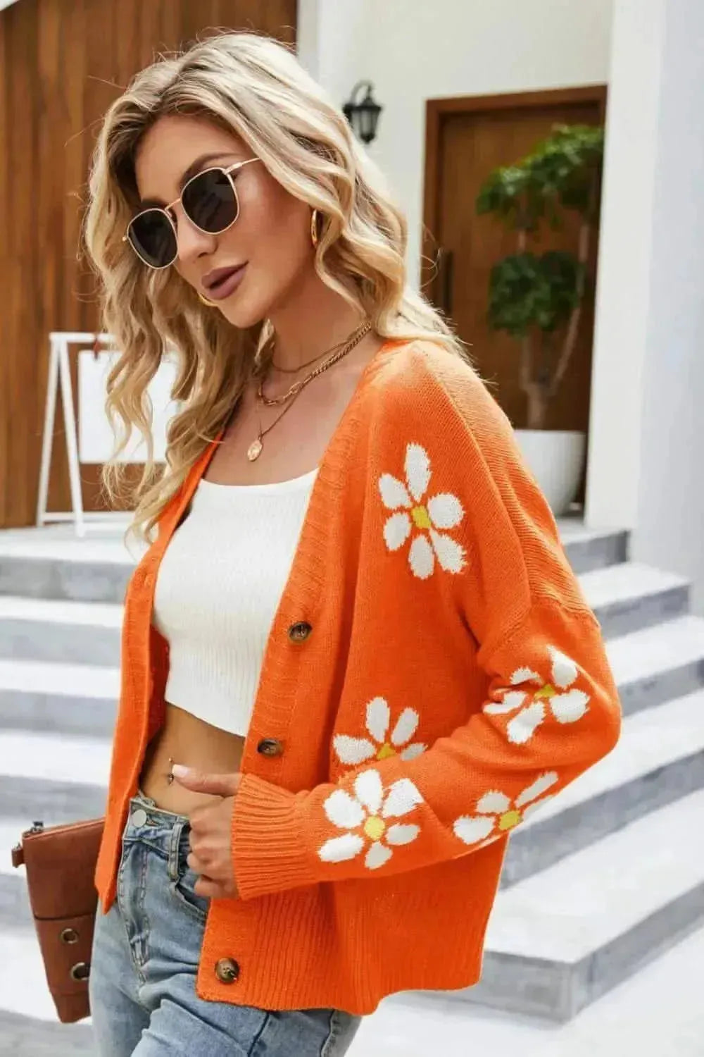 Floral Ribbed Trim Drop Shoulder Cardigan - Bad Moms Club