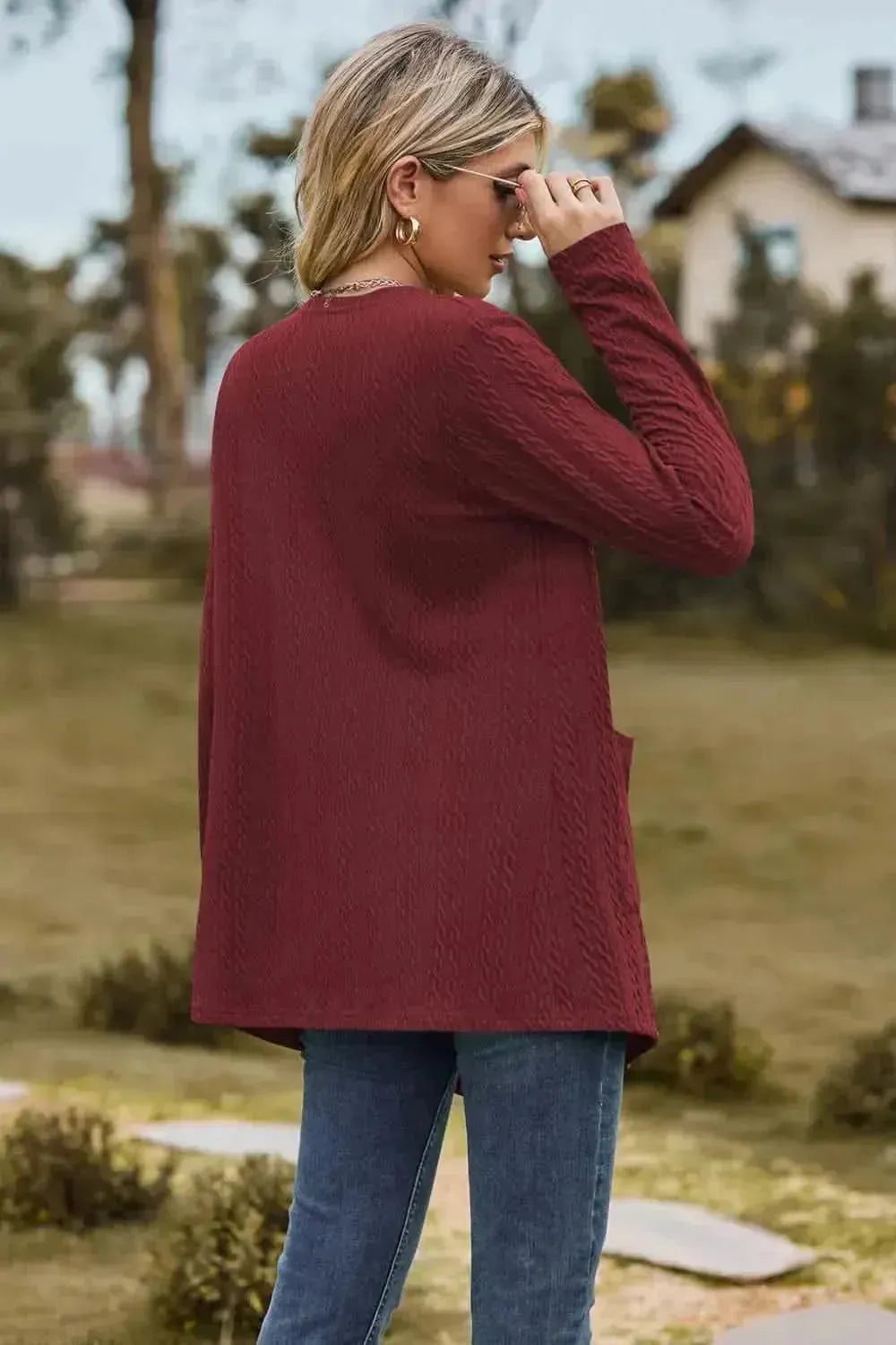 Cable-Knit Long Sleeve Cardigan with Pocket - Bad Moms Club