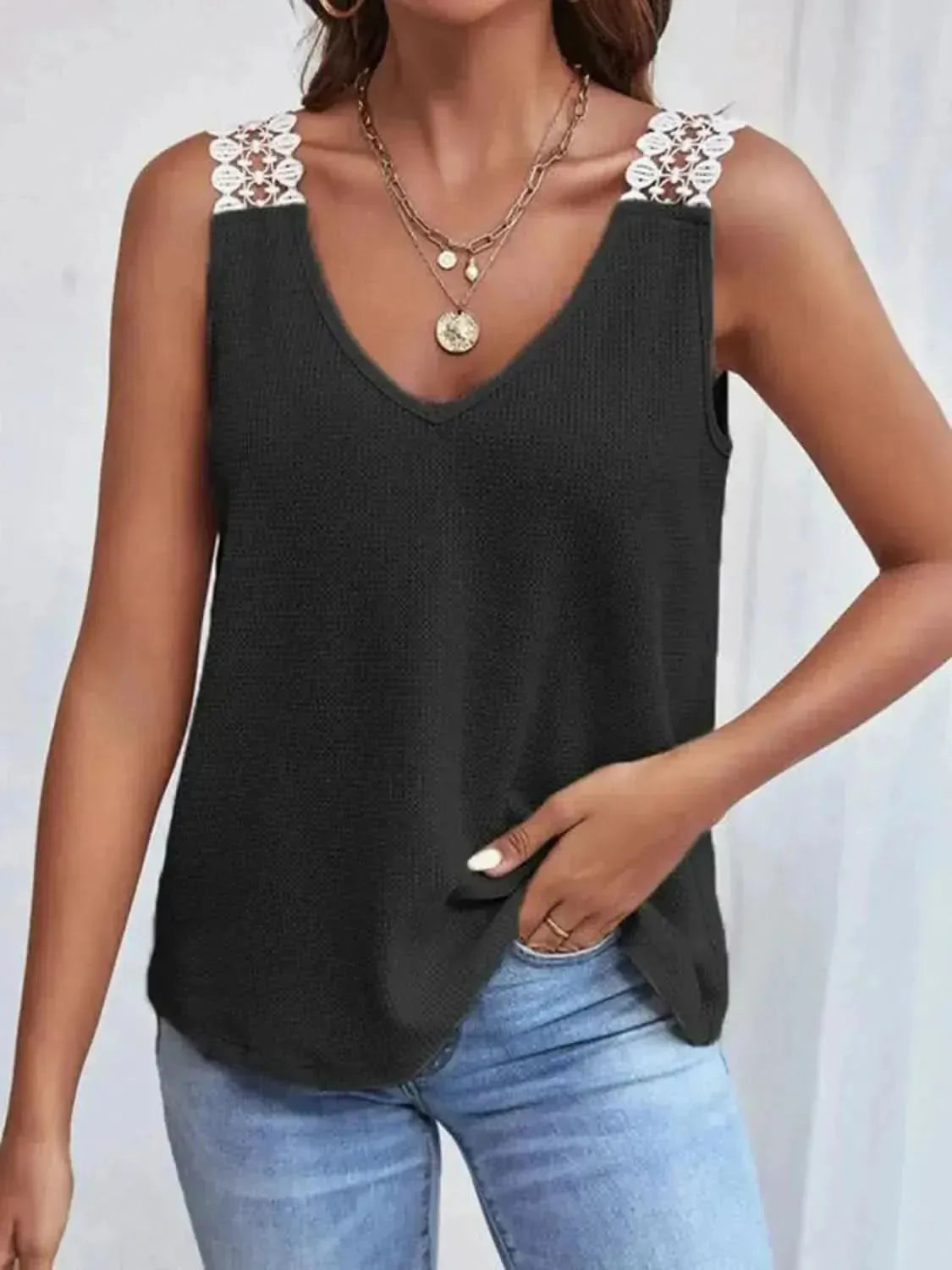 Full Size Lace Detail V-Neck Tank - Bad Moms Club