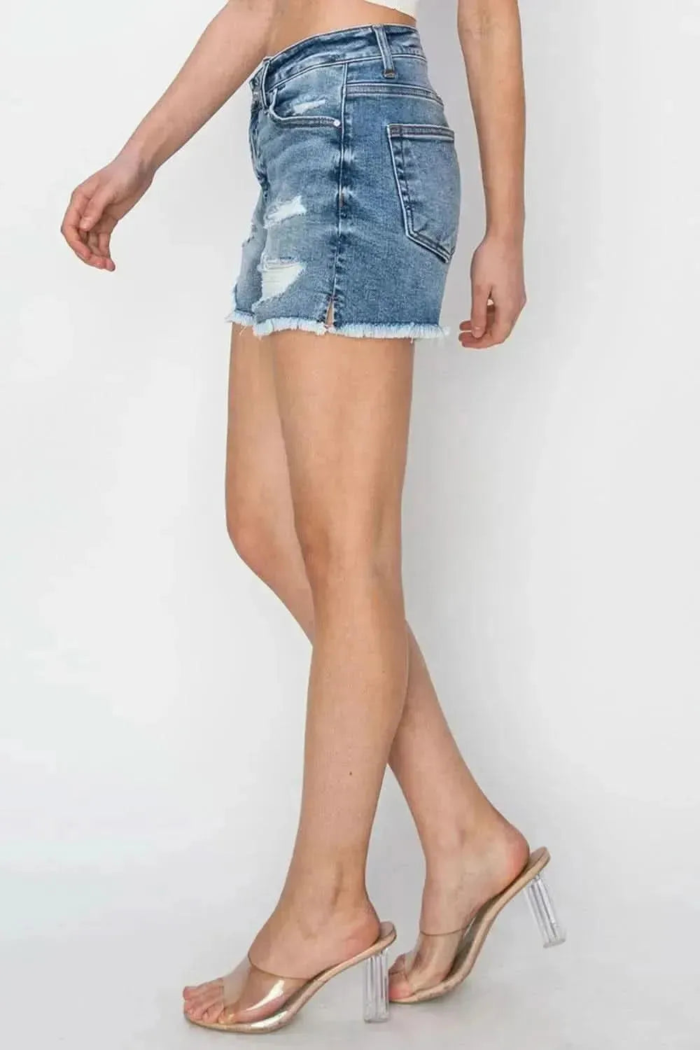RISEN Stepped Waist Frayed Denim Shorts - Bad Moms Club