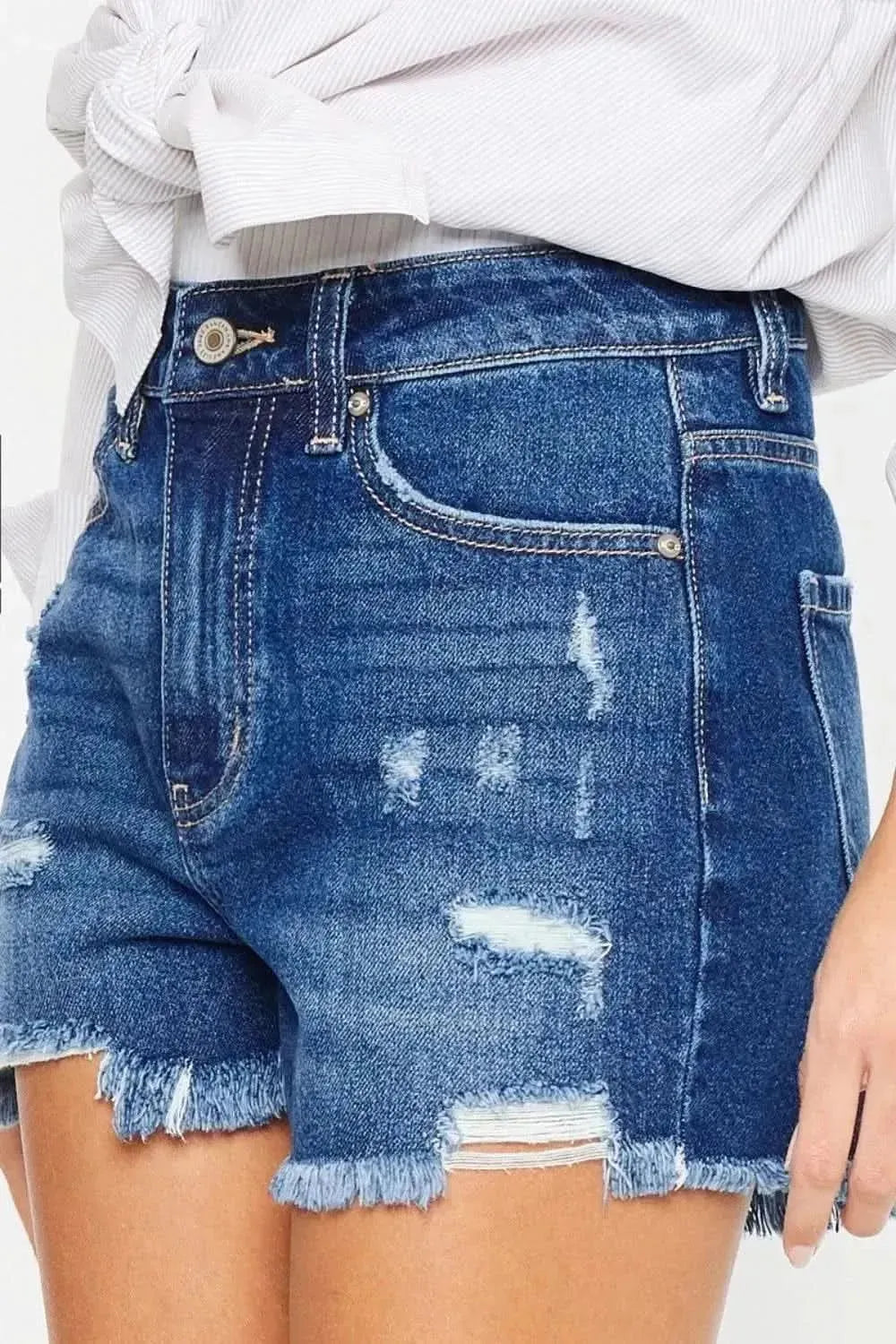 Kancan High Rise Frayed Hem Denim Shorts - Bad Moms Club
